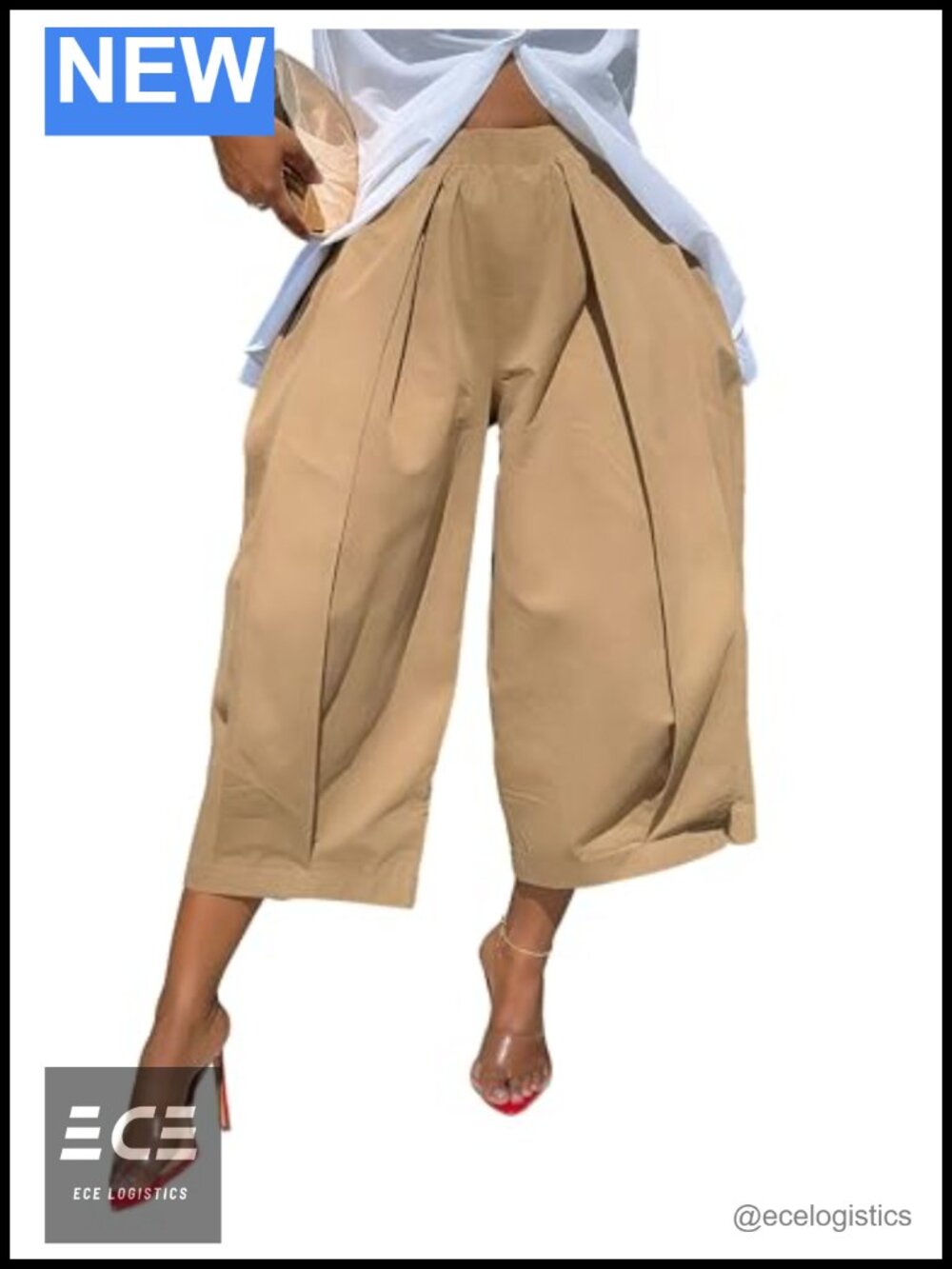 High Waisted Wide Leg Cropped Pants Pleated Pull On Ankle Trousers